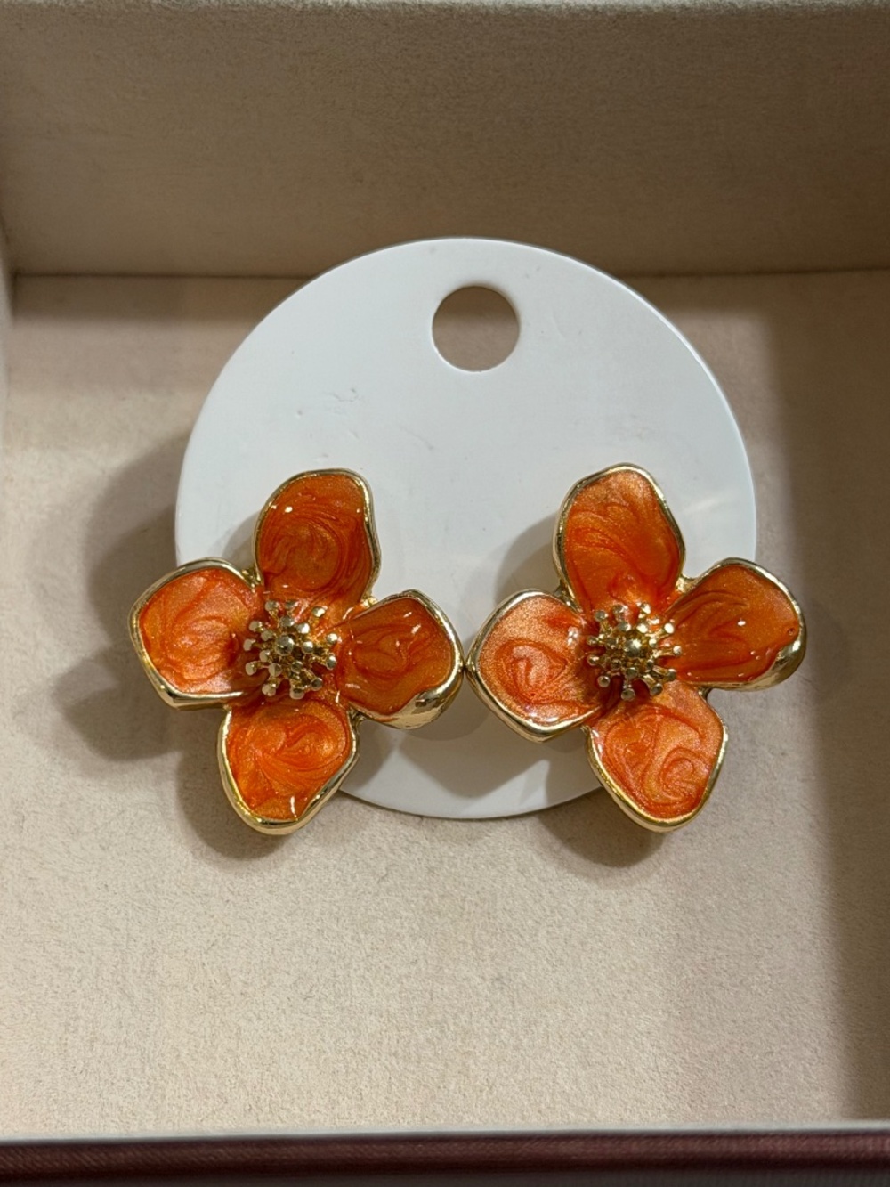 Golden Orange Oil Dripping 4-Petal Flower Enamel Stud Earrings